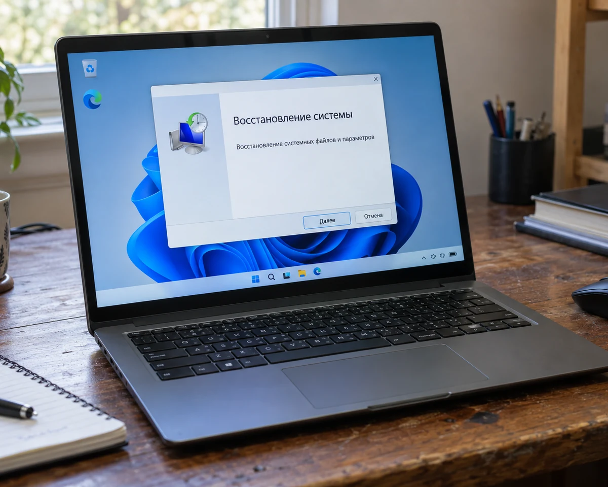 Ноутбук с открытым обезличенным окном восстановления Windows на домашнем рабочем столе